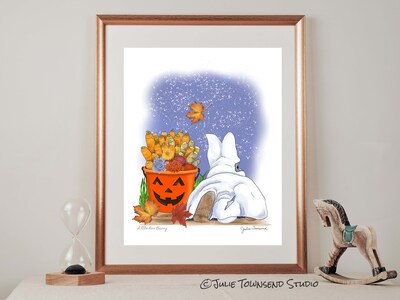 ART PRINT - LITTLE BOO BUNNY - Whimsical Bunny with a Basket of Veggies - Art for the Fall Season - Brighten Any Room for the Holidays - image1